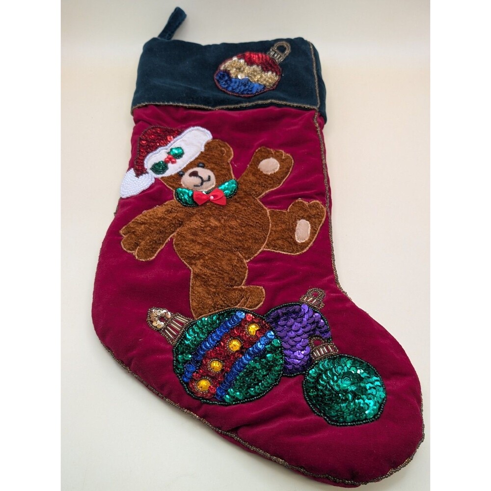 Vintage Sequined Fuzzy Teddy Bear Ornaments Velvet Christmas Stocking